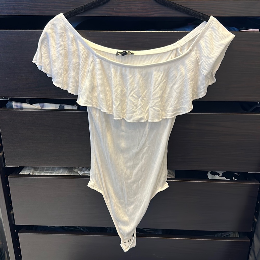 White Off the Shoulder Ruffled Thing Bodysuit